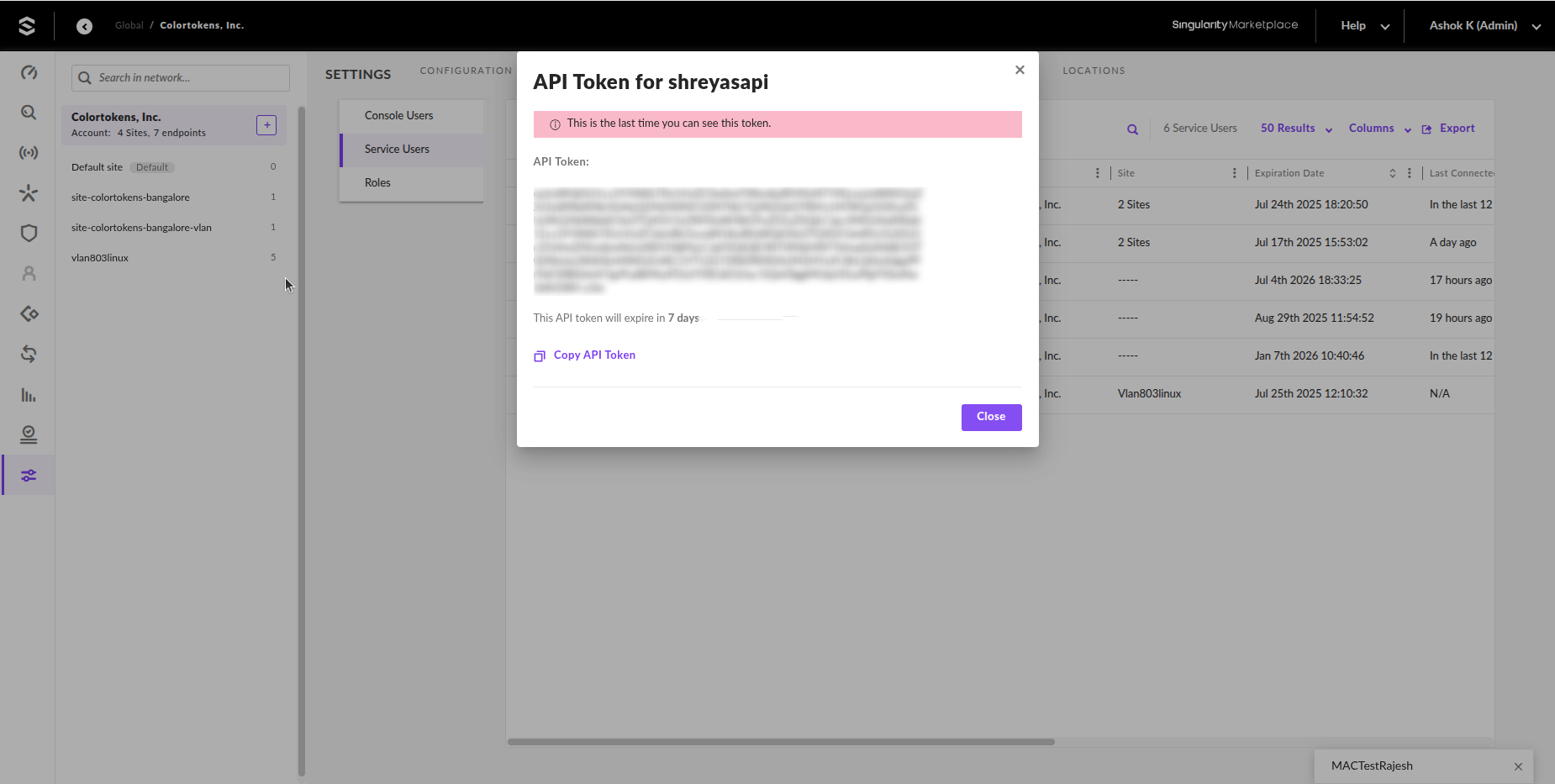 Copy API Token