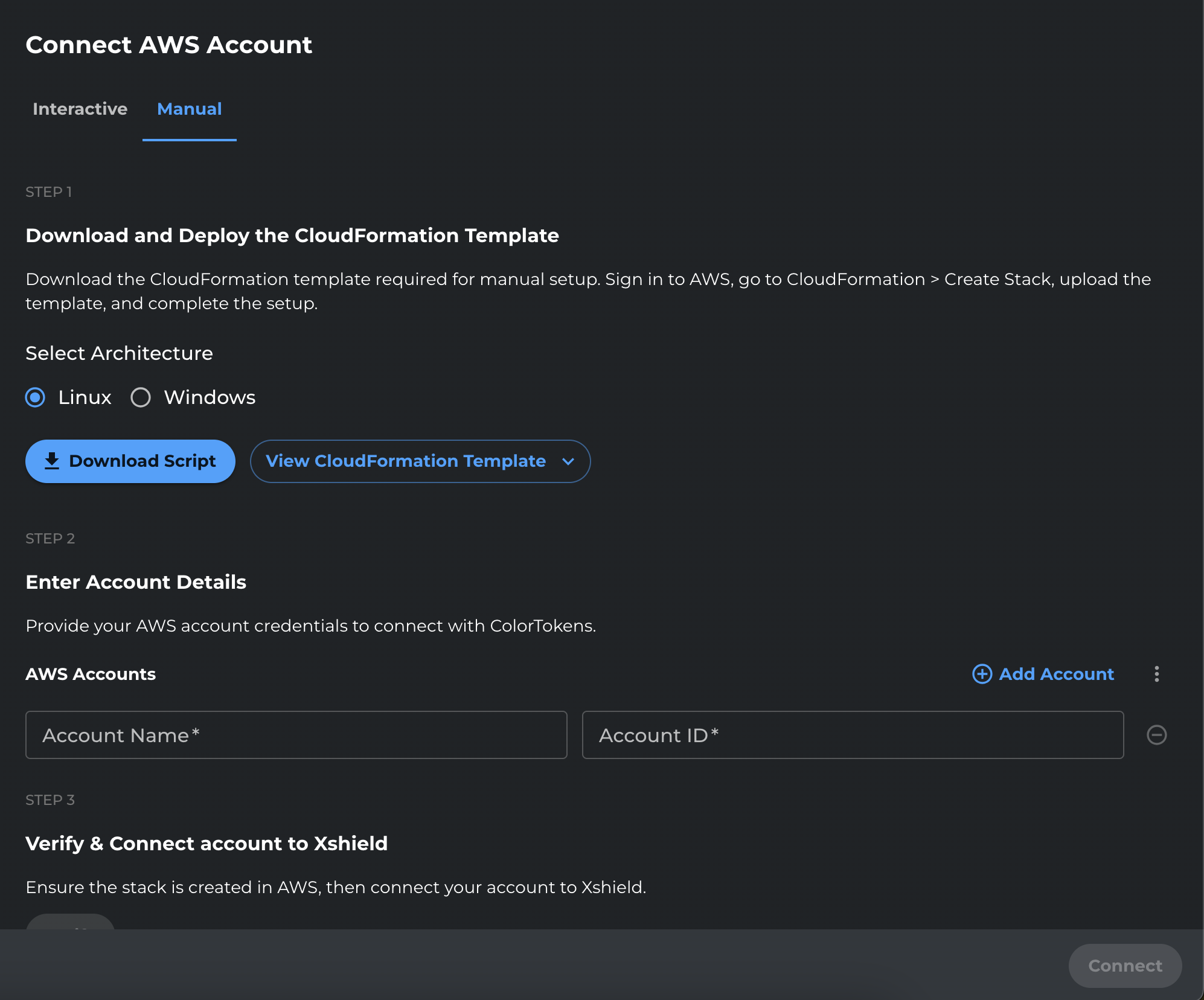 Manual onboarding - enter account and verify
